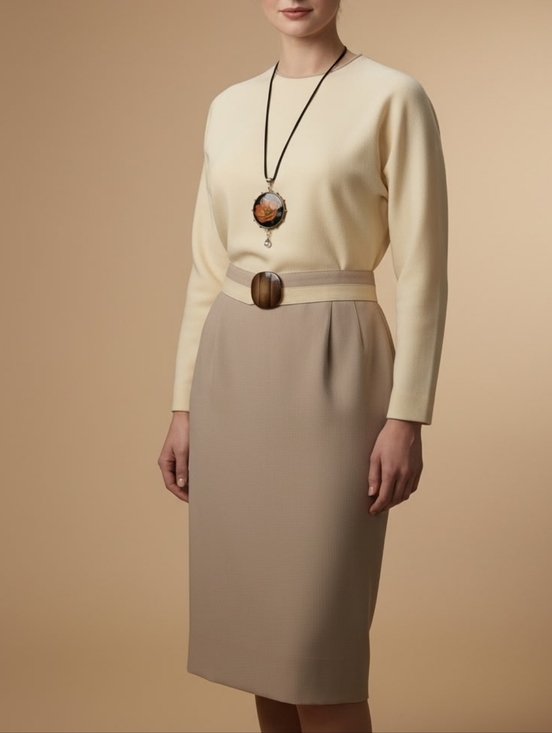 Dresses & Skirts - Cream and Taupe Pencil Skirt Bat Wing Dress Classic Vintage Handmade Classic